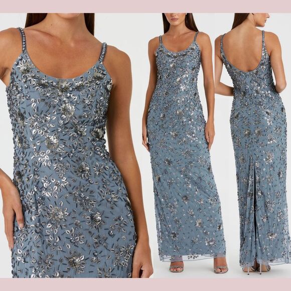 NWT Mac‎ Duggal [ 4 ] 5477 Floral Embellished Scoop Neck Gown in Slate Grey Blue - Picture 1 of 9